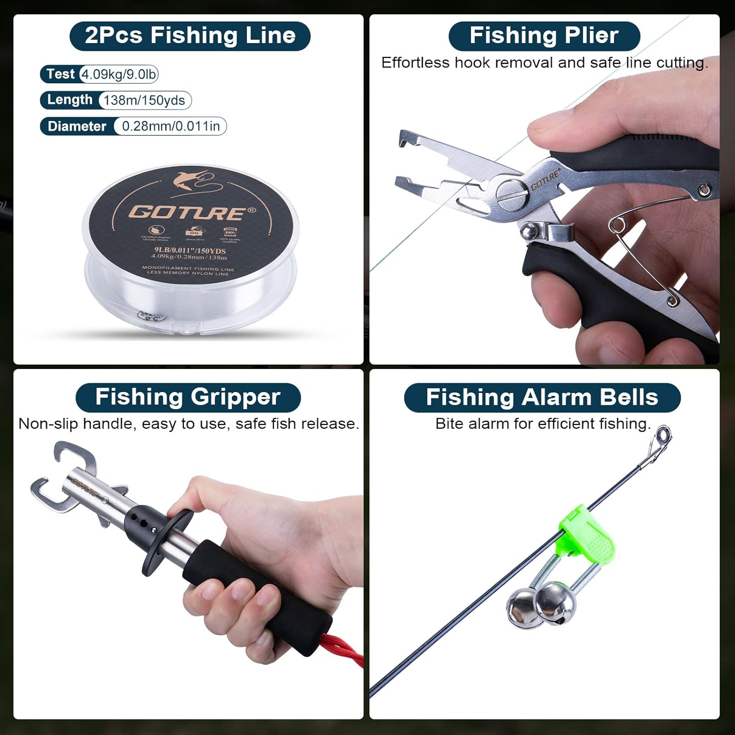 Fishing line, plier, gripper and alarm bells